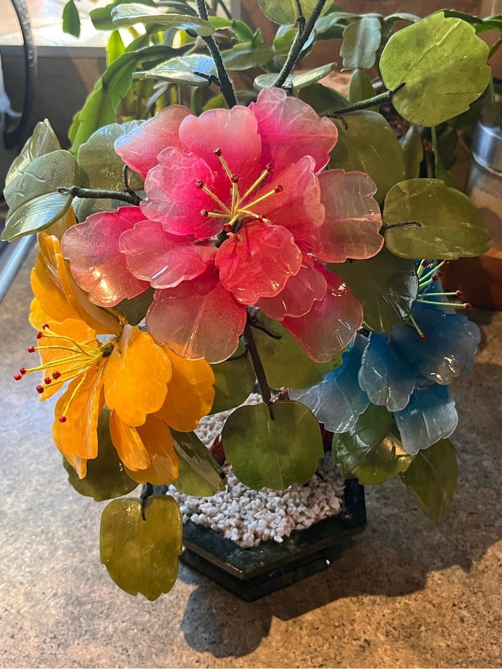 Vintage Chinese Multi-Color Glass Flower Bonsai Tree – Pink Yellow Blue Hibiscus
